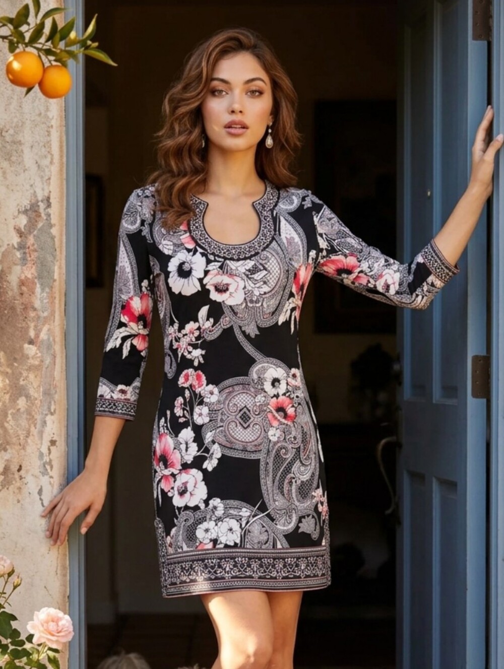 White House Black Market Black Tunic with Pink/White Paisley Floral Print Dress